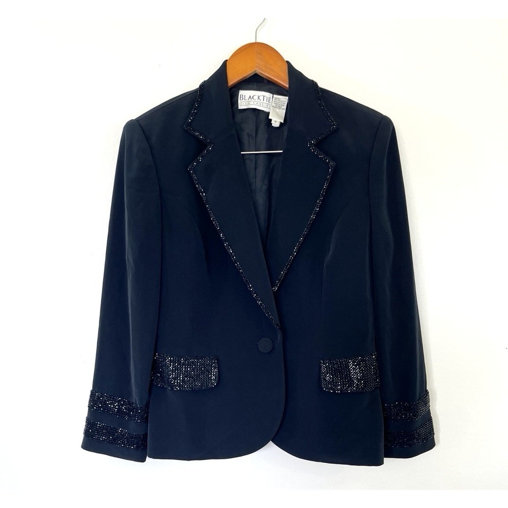 VTG Oleg Cassini Evening Blazer Size 8 Beaded Trim Black Tie Chic Minimalist